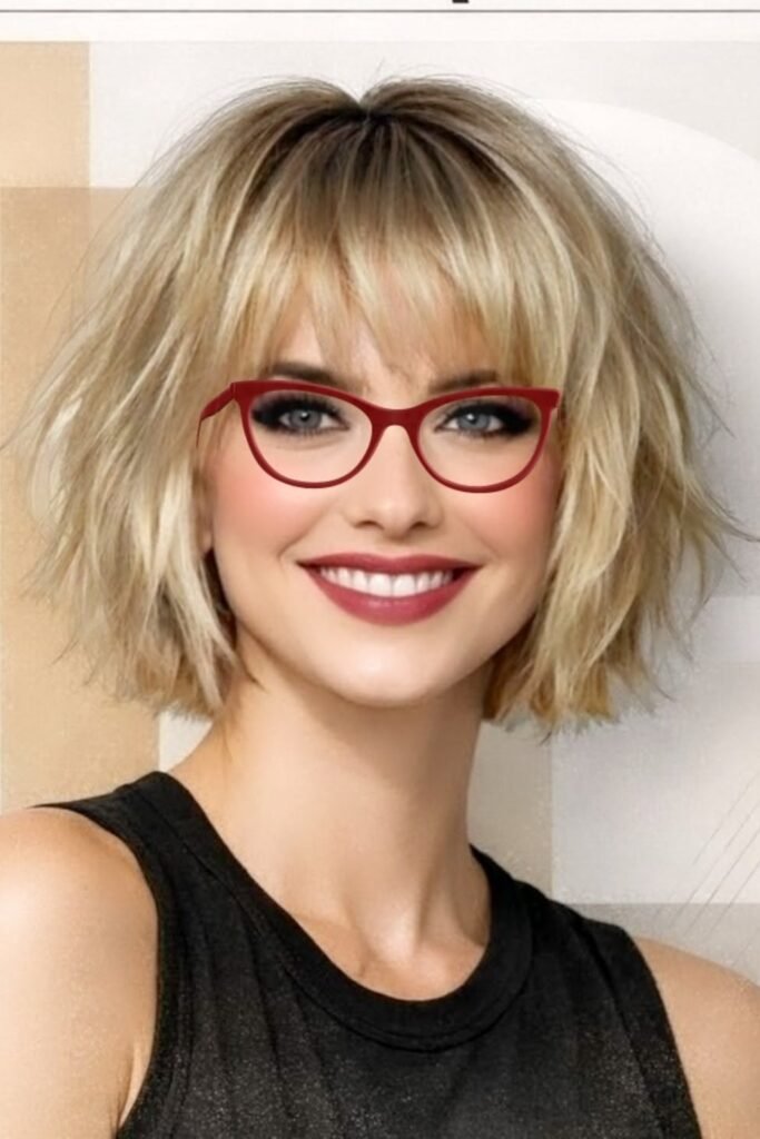 Blonde Textured Bob with Red Cat-Eye Glasses