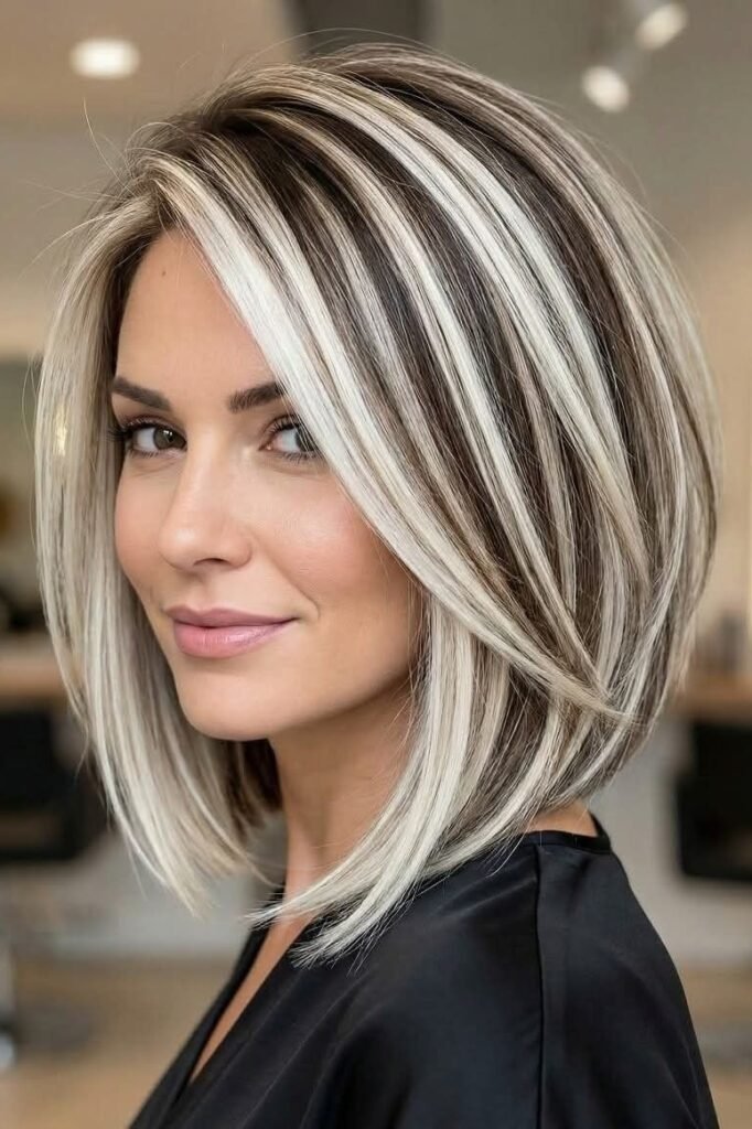Bold High-Contrast Balayage Bob with Bright Blonde Streaks