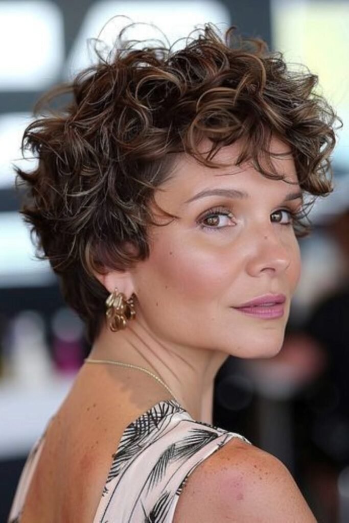 Brown Curly Pixie Cut with Golden Highlights and Textured Layers