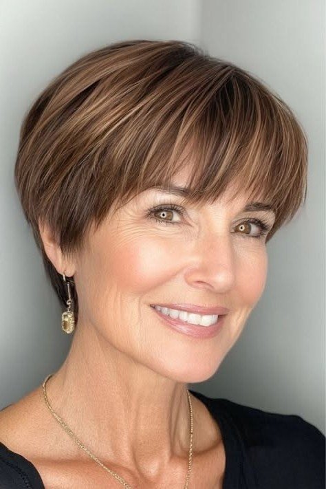 Brown Pixie Cut with Subtle Caramel Highlights and Soft Bangs