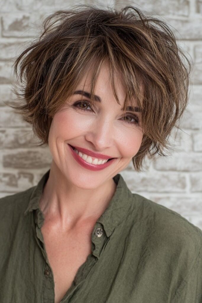 Brown Shaggy Bob with Highlights and Wispy Bangs