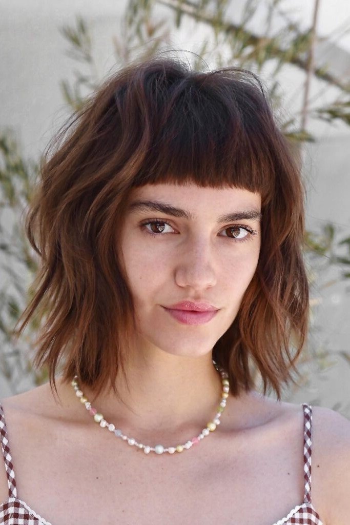 Brown Shaggy Bob with Short Straight Bangs