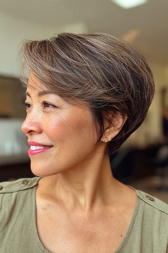 Brunette Stacked Pixie Cut with Subtle Highlights