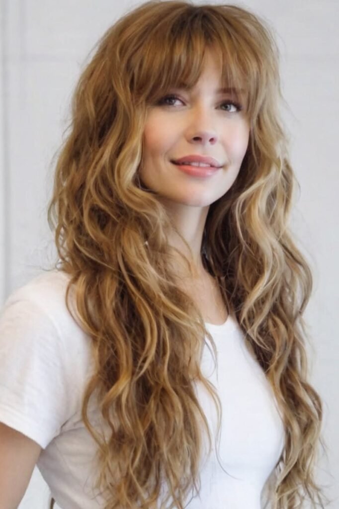 Caramel Blonde Wavy Shag with Piece-y Fringe