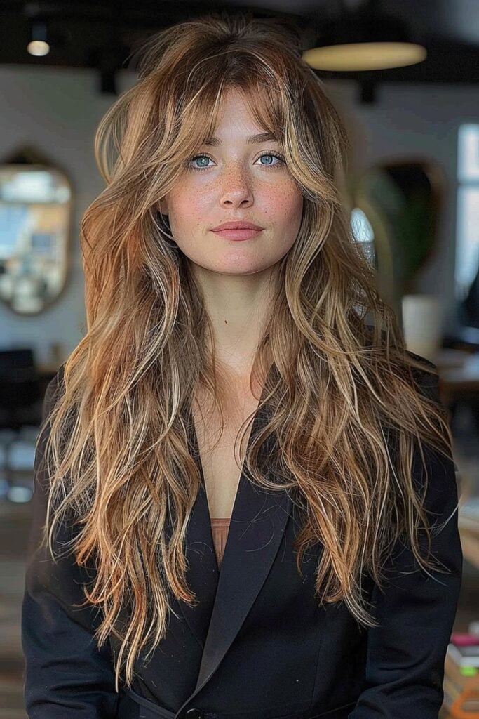 Caramel-Highlighted Long Layered Waves with Soft Curtain Bangs