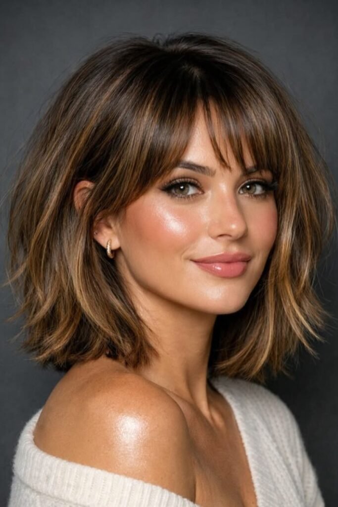 Caramel-Highlighted Textured Bob with Soft Fringe