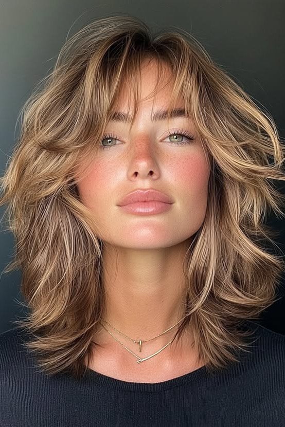 Caramel Layered Shag with Curtain Bangs