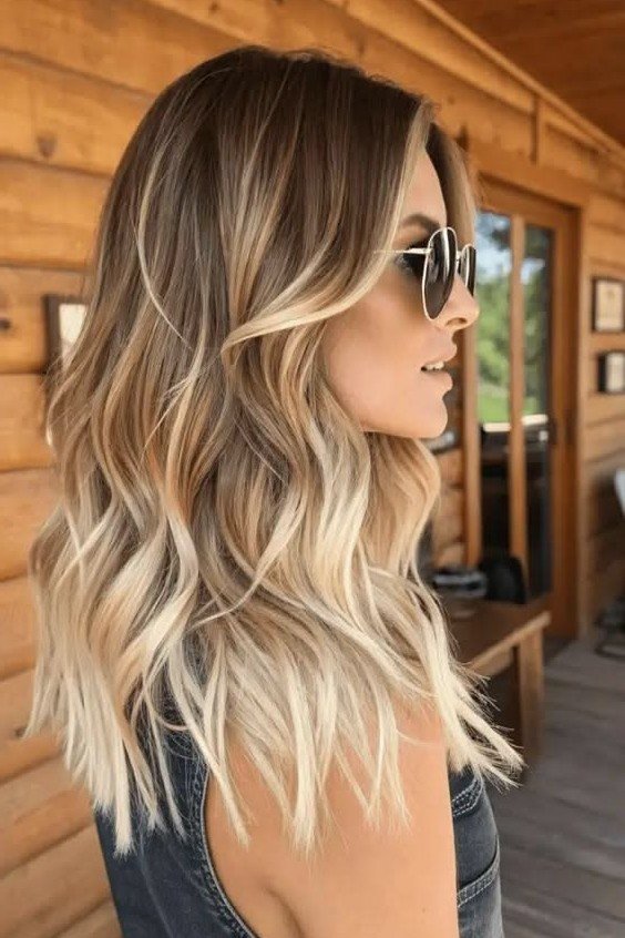 Caramel and Blonde Dimensional Highlights with Waves
