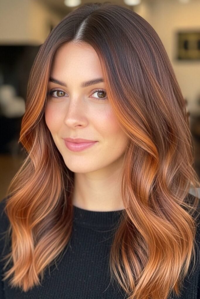 Center-Parted Wavy Hair with Bright Copper Face-Framing Money Pieces