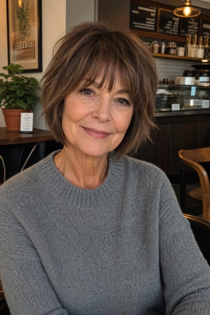 Chestnut Brown Textured Bob with Soft Bangs