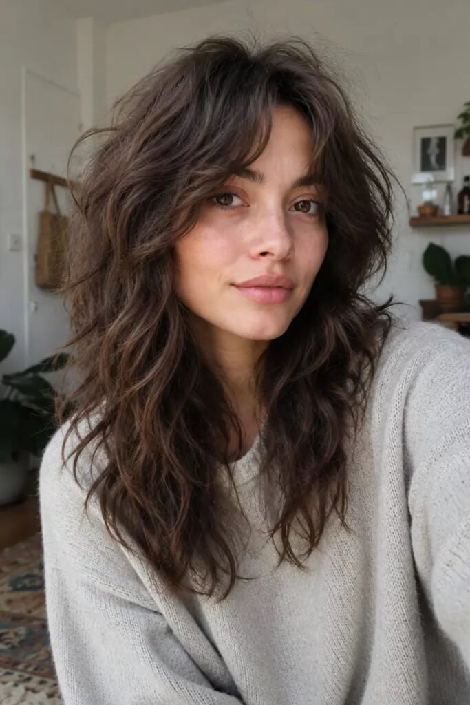 Chestnut Brown Textured Shag with Soft Face-Framing Layers