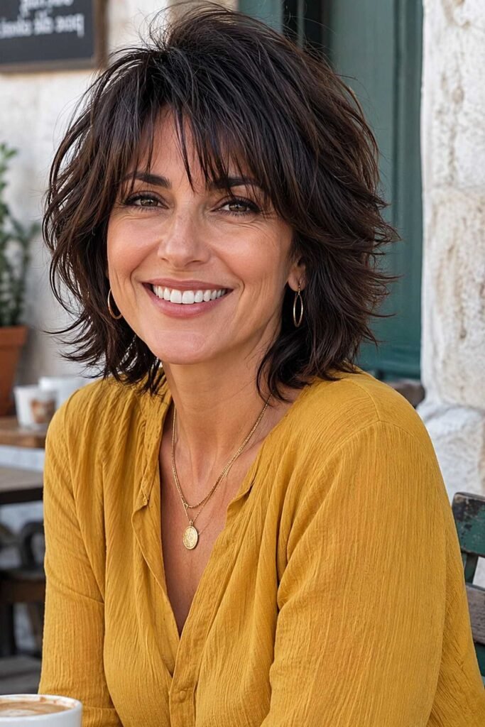 Chic Textured Shag with Soft Dark Fringe