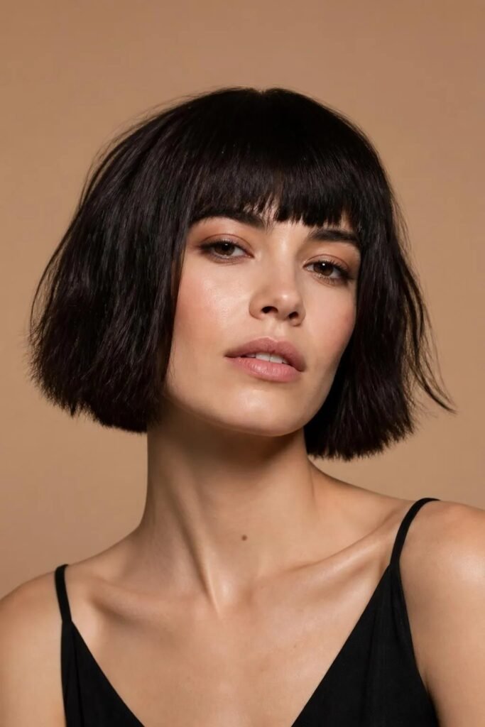 Chin-Length Dark Bob with Blunt Bangs and Soft Texture