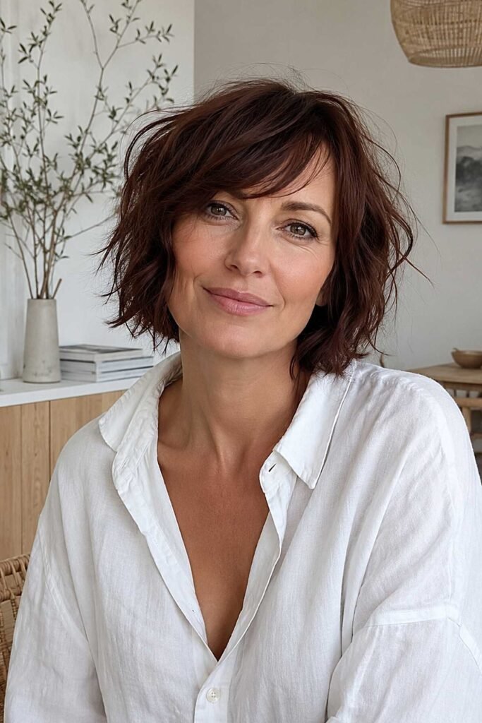 Choppy Auburn Bob with Side-Swept Bangs