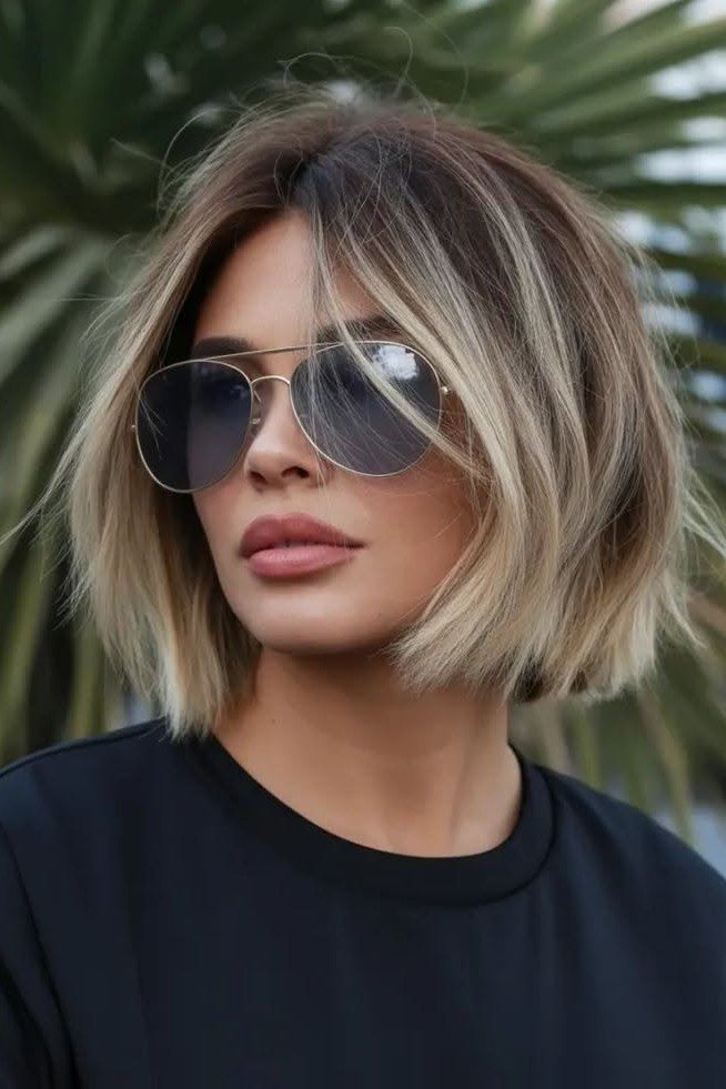 Choppy Blonde Balayage Bob with Center Part
