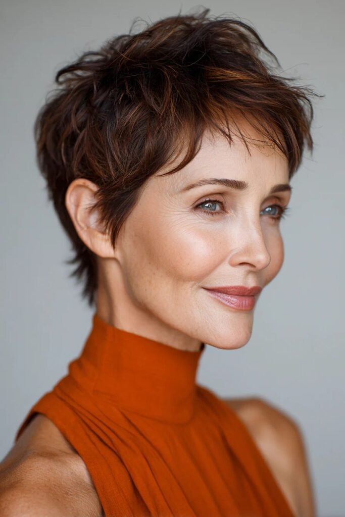 Choppy Brunette Pixie Cut with Warm Undertones
