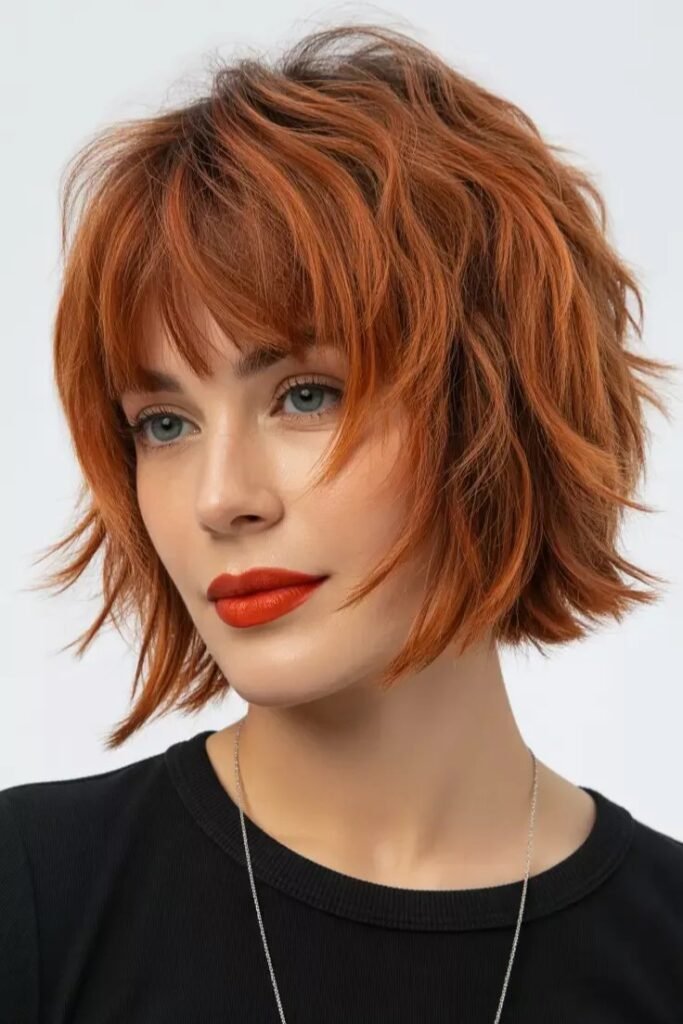 Choppy Copper Shaggy Bob with Bangs
