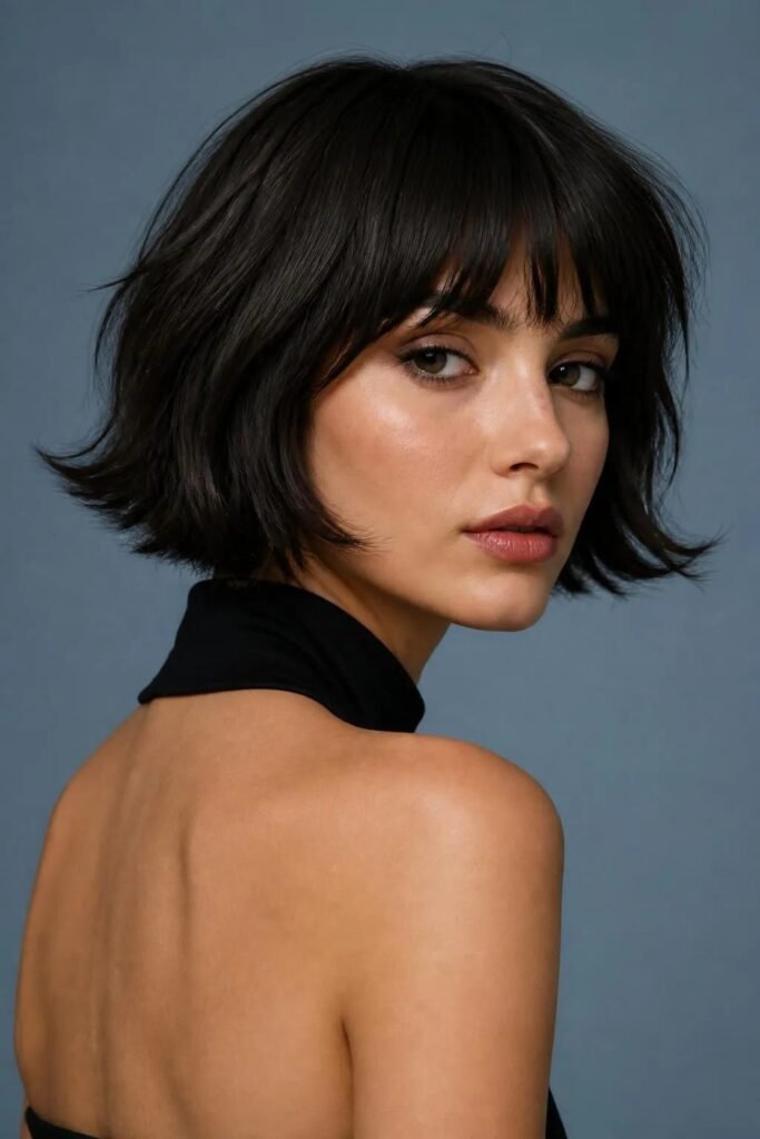 Choppy Dark Bob with Wispy Bangs and Turned-Out Ends