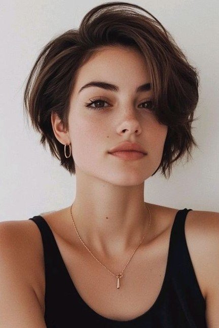 Choppy Dark Brunette Bob with Side-Swept Volume