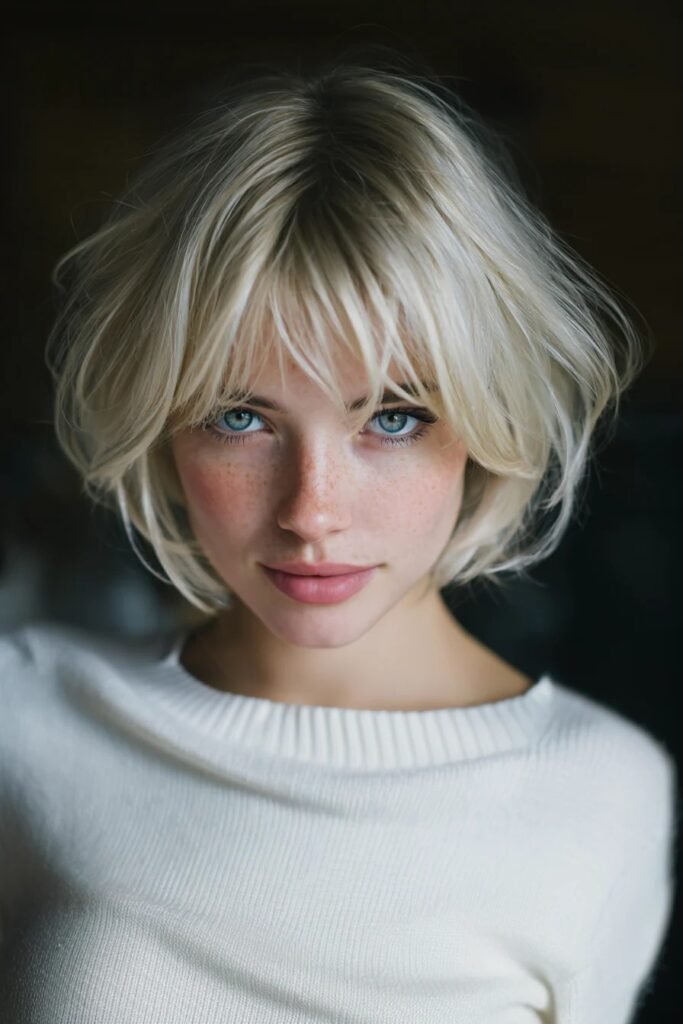 Choppy Layered Blonde Bob with Wispy Bangs