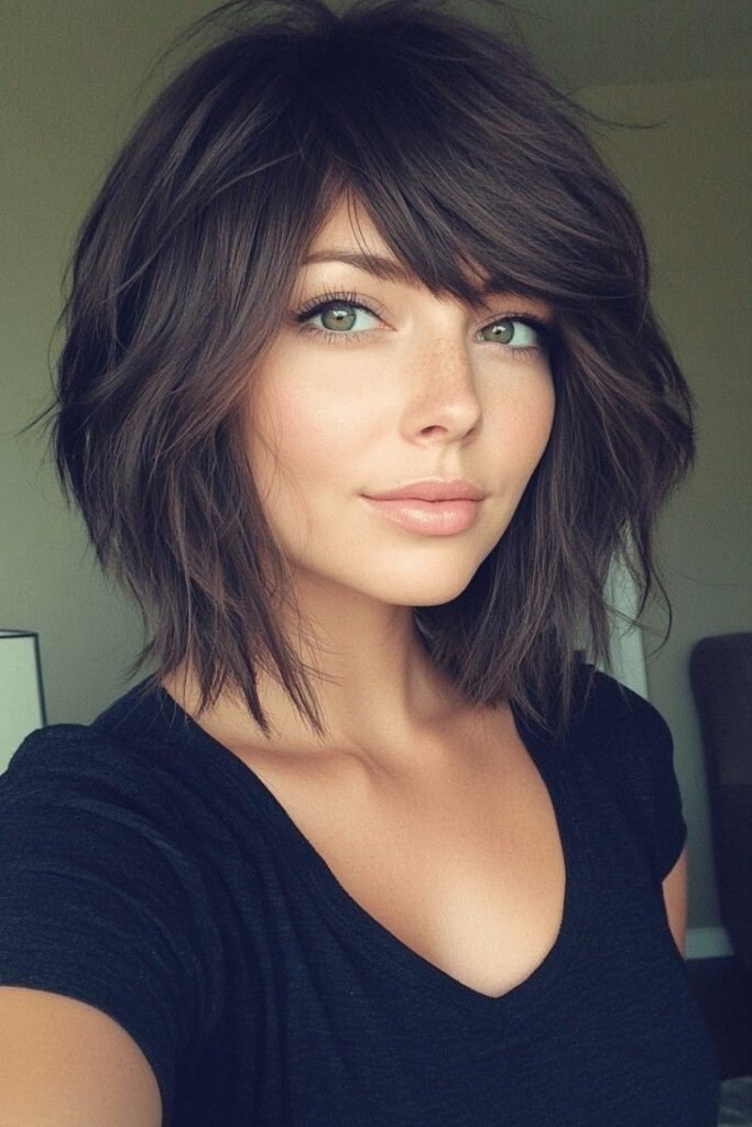 Choppy Layered Bob with Side Swept Bangs