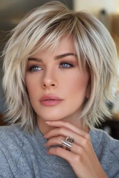 Choppy Layered Bob with Side Swept Fringe