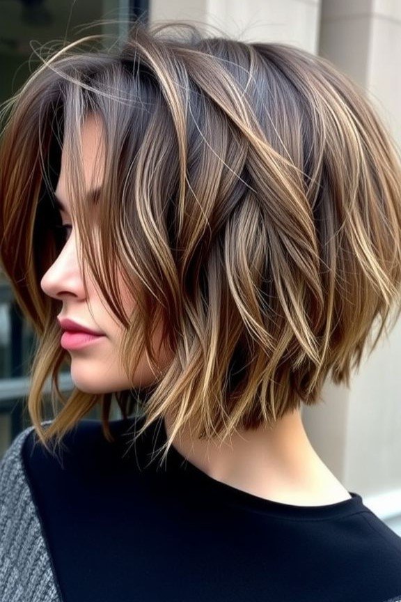 Choppy Layered Bob with Warm Brunette and Blonde Balayage