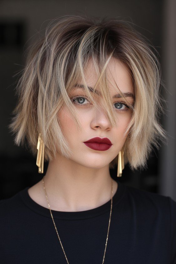 Choppy Textured Blonde Bob with Bangs