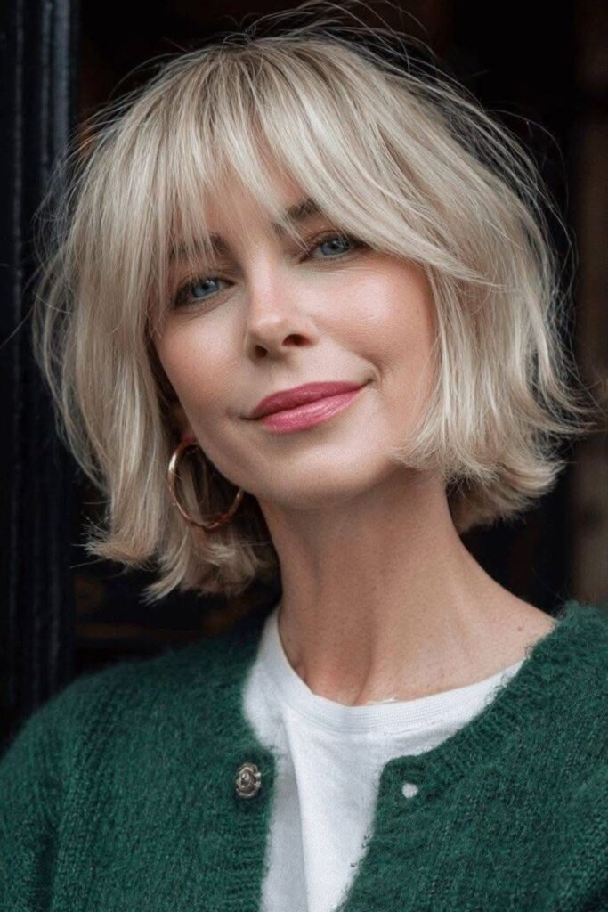 Choppy Textured Blonde Bob with Fringe