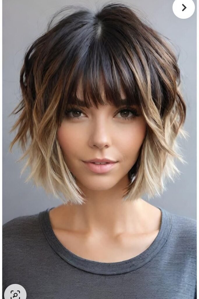 Choppy Textured Bob with Bangs and Dip-Dyed Tips