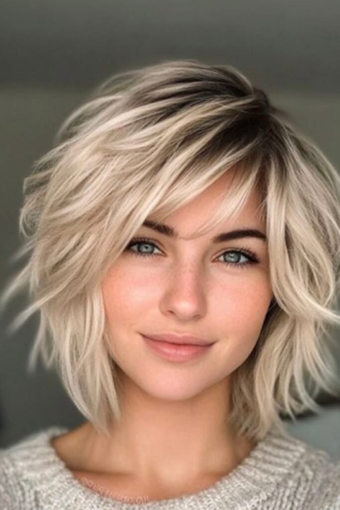 Choppy Textured Bob with Side-Swept Bangs and Blonde Highlights