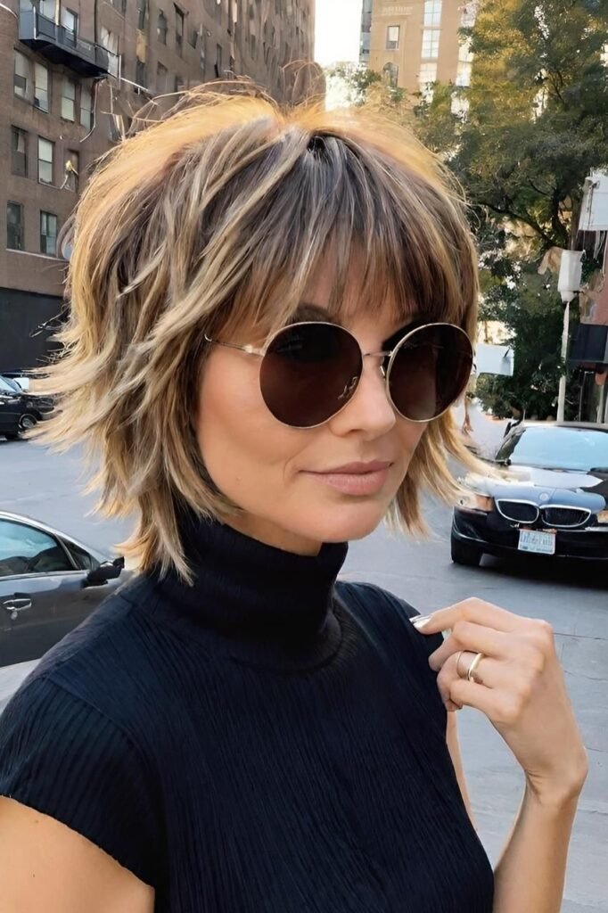 Choppy Textured Shag with Sunglasses and Blonde Highlights