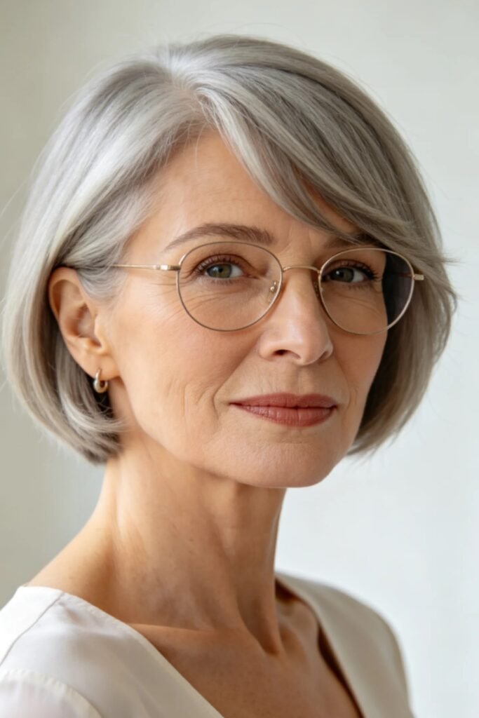 Classic Bob with Soft Side-Swept Bangs and Glasses