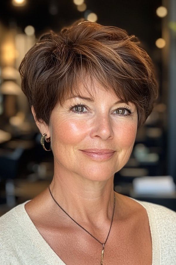 Classic Brunette Pixie Cut with Soft Bangs