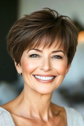 Classic Layered Brunette Pixie Cut with Delicate Fringe