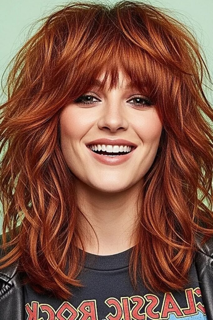 Copper Red Voluminous Shag with Full Bangs