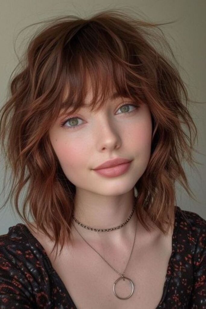 Copper Shaggy Bob with Messy Layers and Wispy Fringe