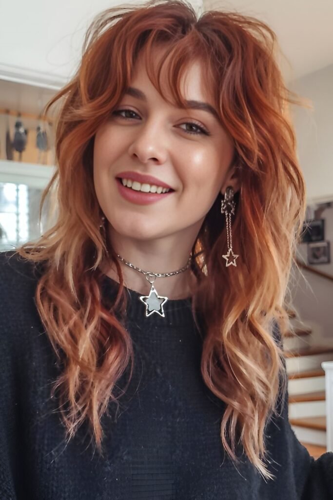 Copper-Tone Shag Cut with Textured Waves and Face-Framing Fringe
