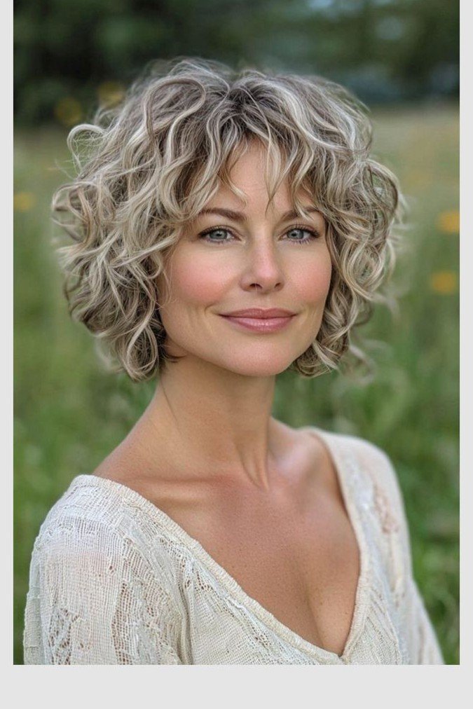 Curly Blonde Bob with Wispy Bangs
