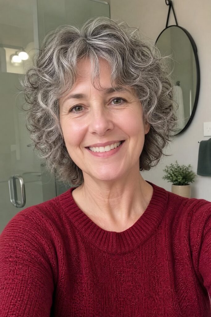 Curly Salt-and-Pepper Bob with Soft Fringe