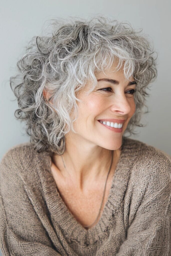 Curly Silver-Gray Bob with Soft Texturized Curls