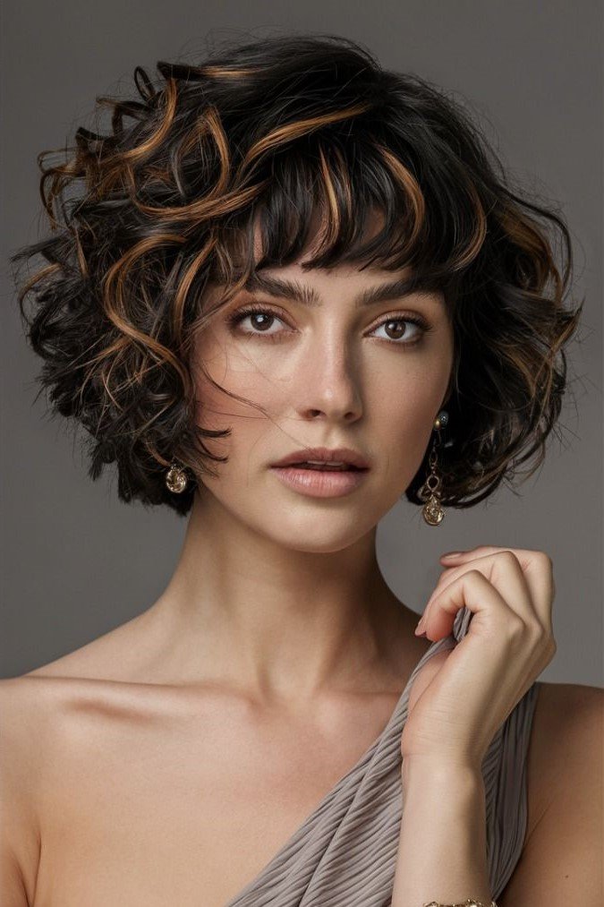 Curly Textured Bob with Highlights and Bangs