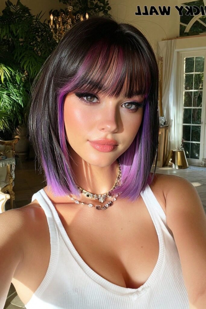 Dark Bob with Purple Face-Framing Highlights and Bangs
