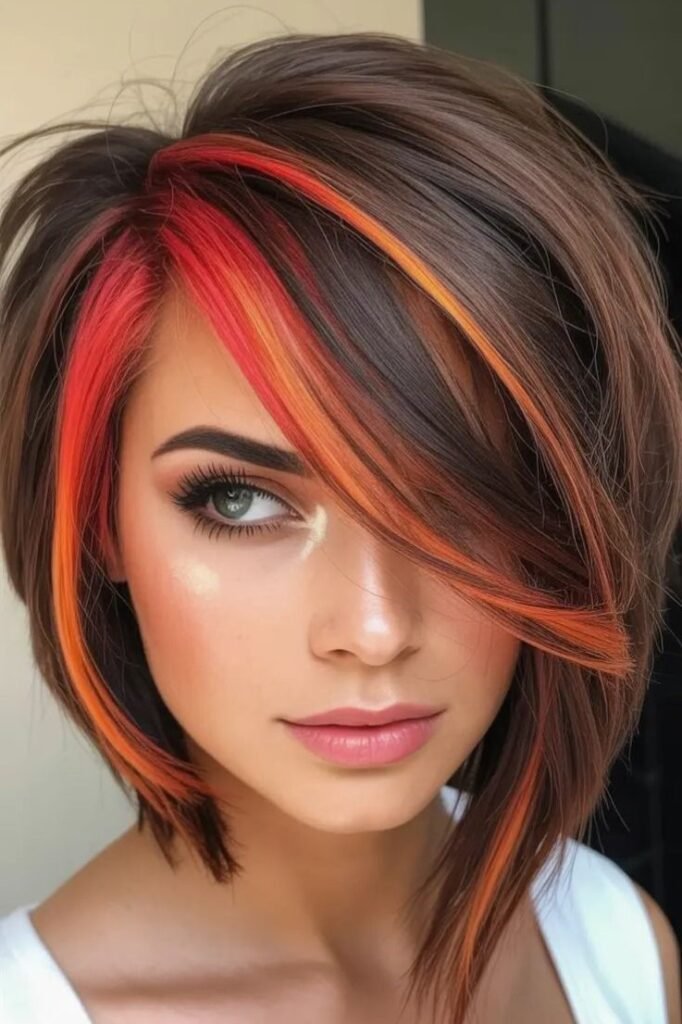 Dark Brown Bob with Bright Red and Orange Highlights