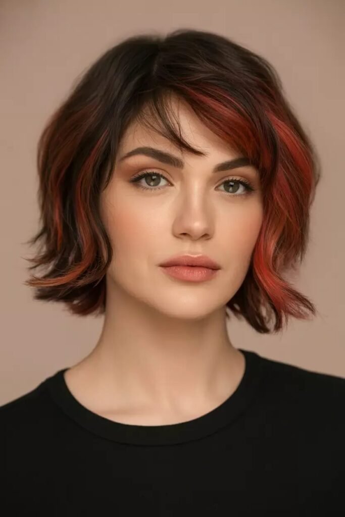 Dark Brown Bob with Red Highlights and Soft Bangs