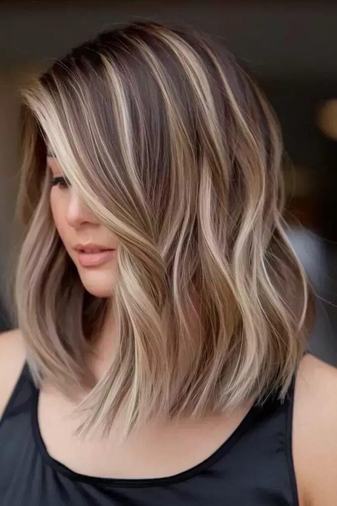Dark Brown Lob with Chunky Blonde Highlights and Soft Waves