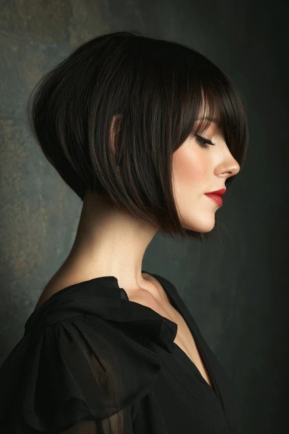 Dark Brown Rounded Bob with Side-Swept Bangs