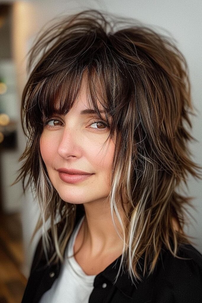 Dark Brown Shag with Blonde Face-Framing Highlights