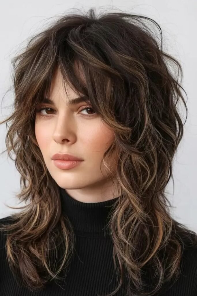Dark Brown Shag with Subtle Highlights and Layered Fringe