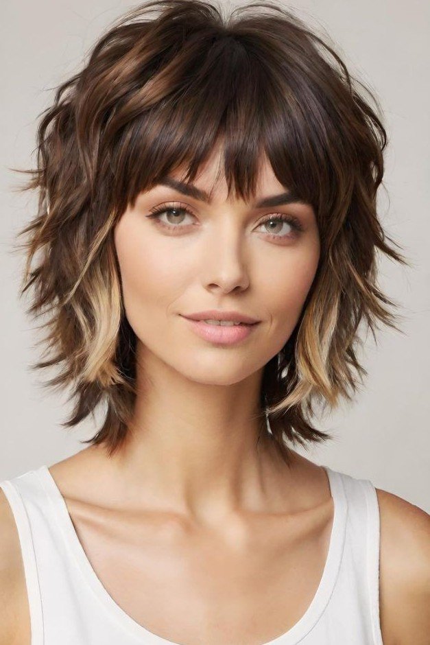 Dark Brown Shaggy Bob with Blonde Dip-Dyed Ends